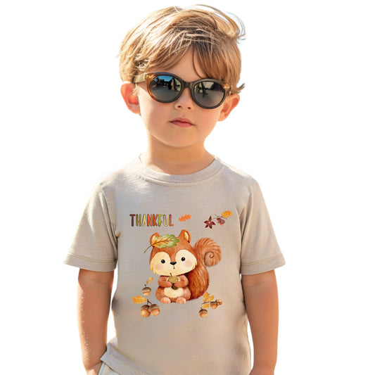 Toddler Short Sleeve Tee - Thankful Squirrel Design, Kids Fall T-Shirt, Thanksgiving Gift, Cute Toddler Apparel, Autumn Outfit