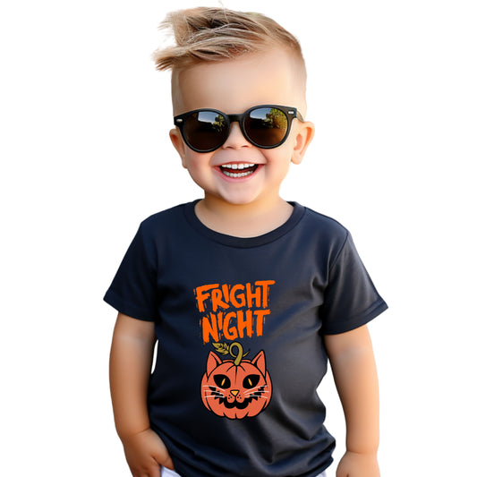 Cute Halloween Toddler Tee, 'Fright Night' Shirt, Kids Halloween Costume Top, Pumpkin Cat Graphic Tee, Spooky Toddler Outfit