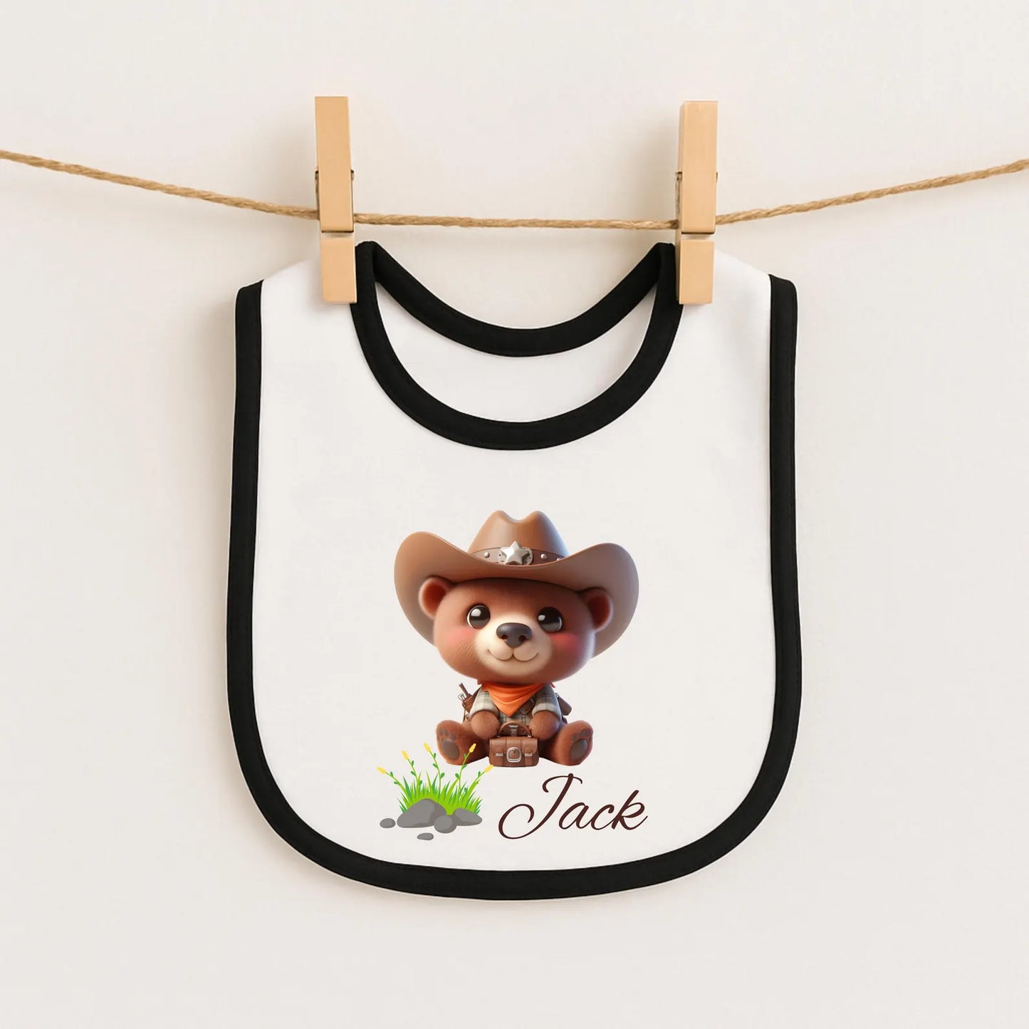 Baby Bib - Personalized Cowboy Bear Design (Custom Name)