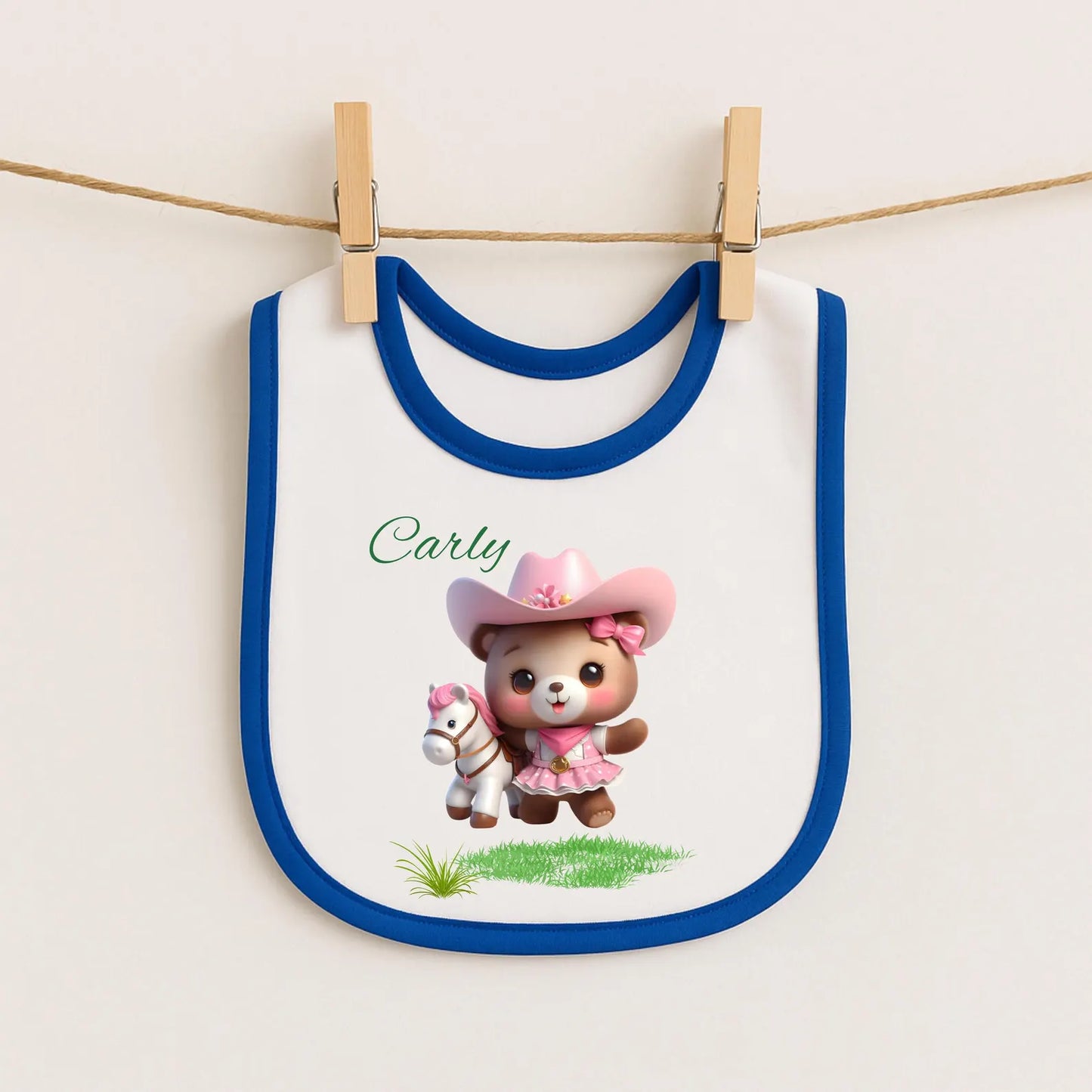 Personalized Baby Bib – Pink Cowgirl Bear Design (Name Customizable)