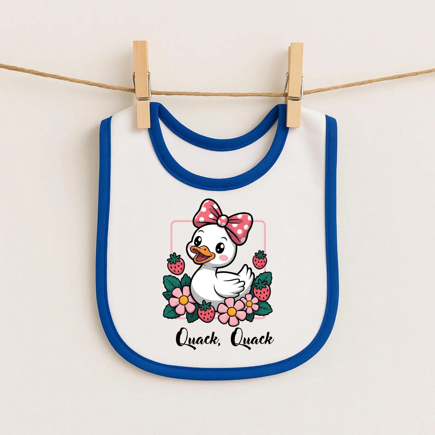 Baby Bib — Cute Duck "Quack Quack" Floral Contrast Trim