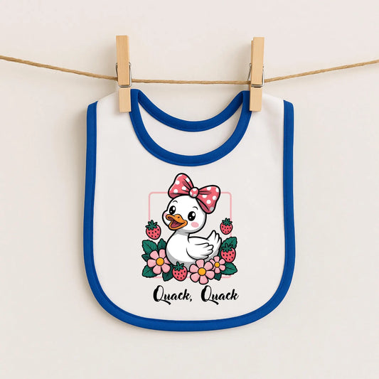 Baby Bib — Cute Duck "Quack Quack" Floral Contrast Trim