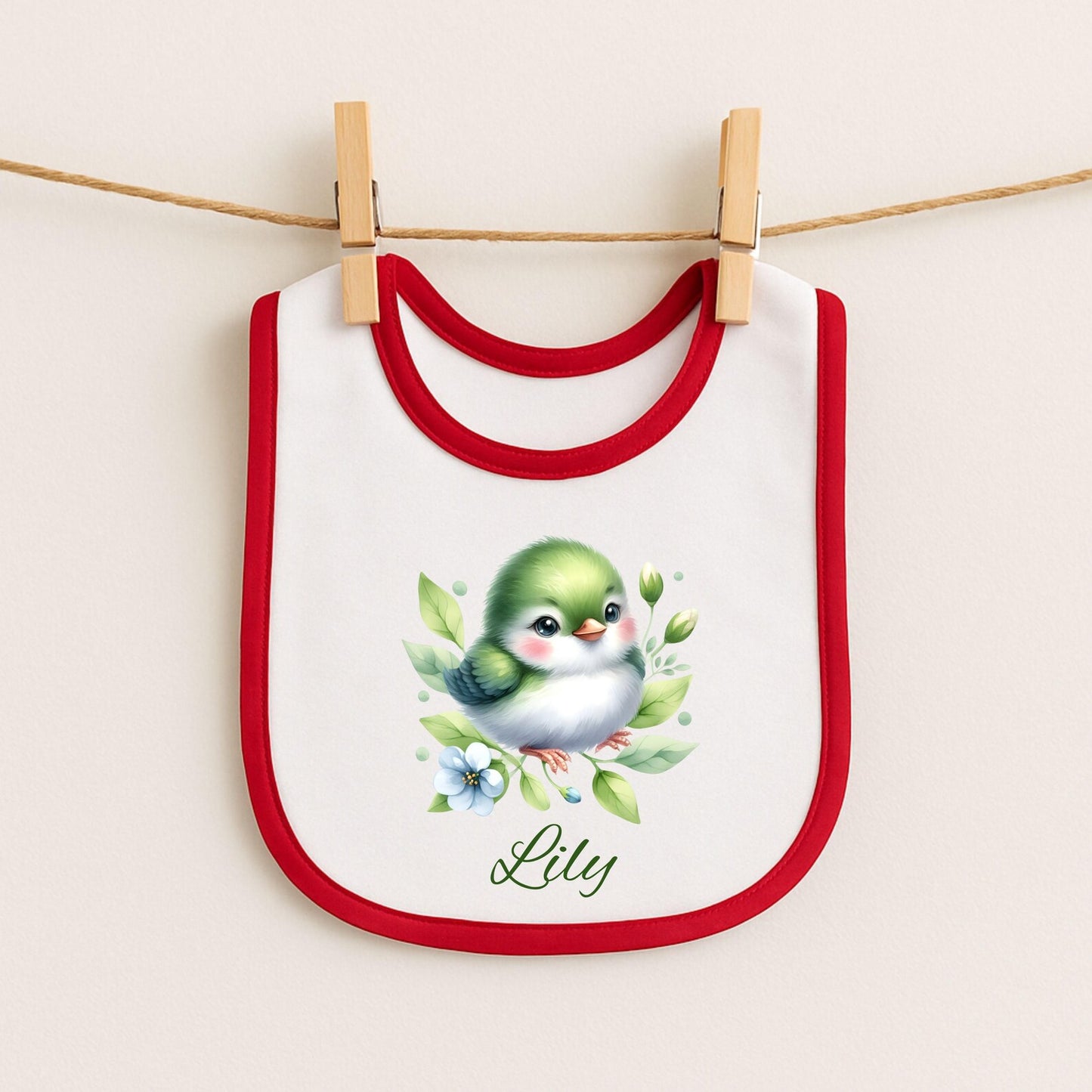 Personalized Baby Bib — Green Watercolor Bird with Name