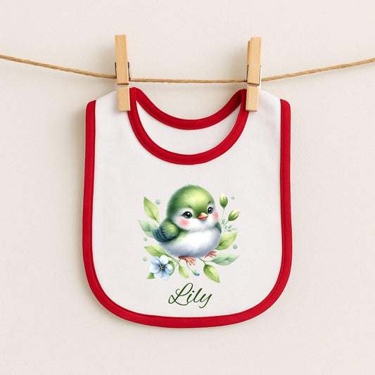 Personalized Baby Bib — Green Watercolor Bird with Name