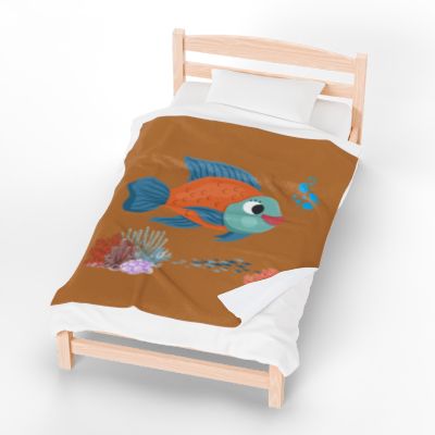 Orange and blue fish with coral and bubble Velveteen Plush Blanket