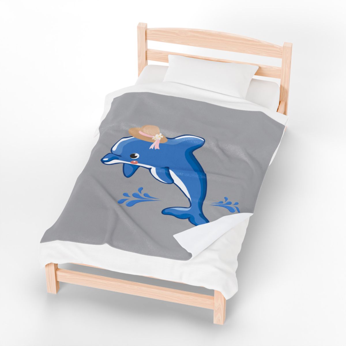 Dolphin wearing a straw hat with stylized water splashes Velveteen Plush Blanket