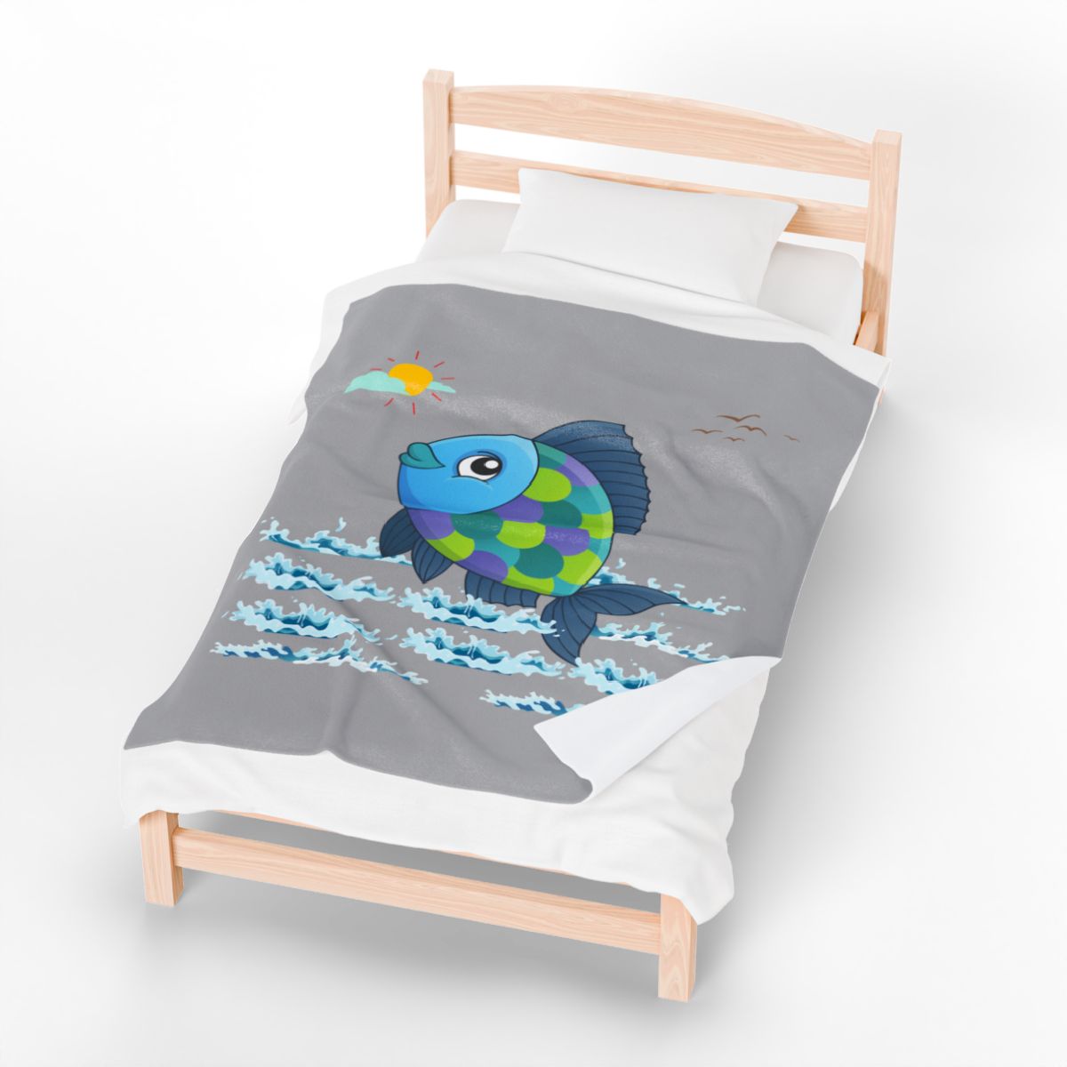 Fish with a sun and birds in the sky above water Velveteen Plush Blanket